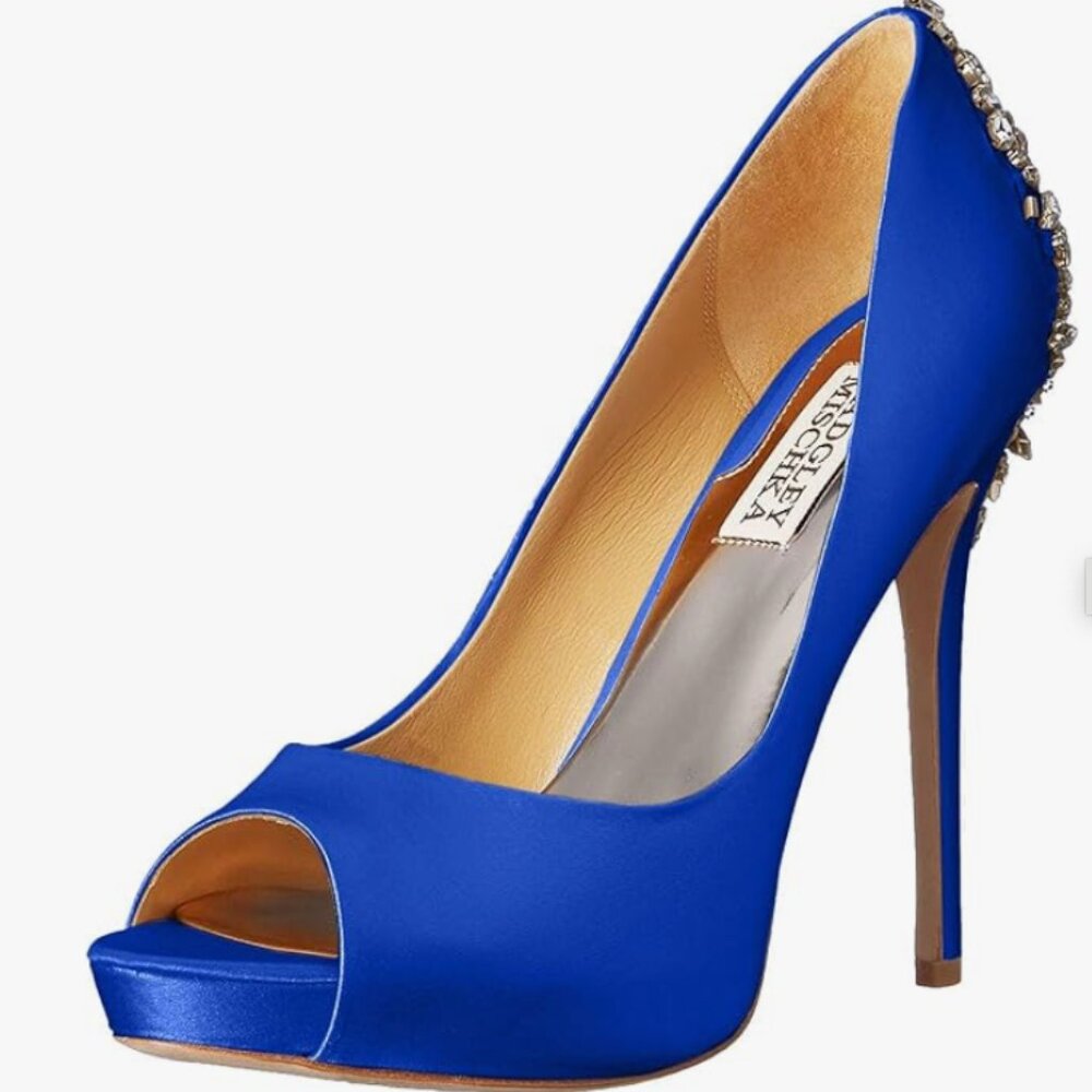 Badgley Mischka Kiara peep-toe satin platform pump, blue, size 9.5